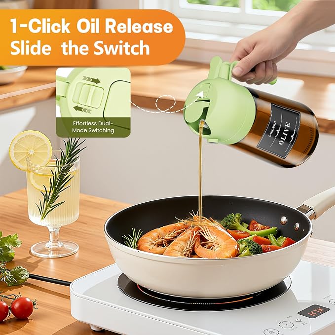 Olive Oil Sprayer & Dispenser Bottle for Cooking 16oz Dark Glass Oil Mister | 2-in-1 Oil Sprayer & Pourer, Fine mist, Light-Blocking, Wide Mouth for Easy Refill & Clean, 8 Oil Labels, Reusable