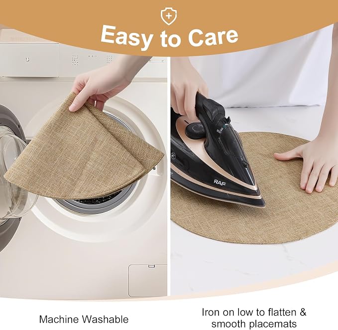 Cotton Linen 15 Inch Round Cloth Place mats, Set of 8, Linen | Washable Table Mats, Heat Resistant, Reversible, Wipeable Place Mats for Indoor Outdoor