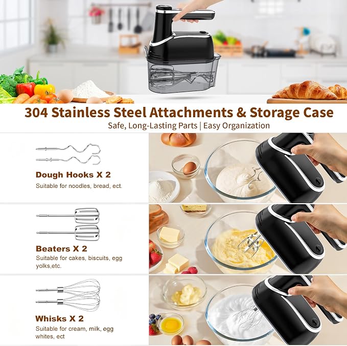 binROC Cordless Electric Hand Mixer, 12-Speed with Storage Case, Black | Rechargeable, Eject Button, LED, Self-Stand, 6×304 Stainless Attachment, Overheat Protection, Quiet for Baking Dough Cake Egg