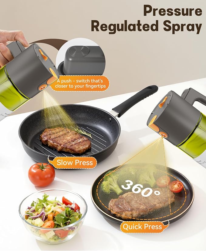 Olive Oil Sprayer & Dispenser Bottle for Cooking 17oz Dark Glass Oil Mister | 2-in-1 Sprayer & Pourer, Leakproof, Fine mist, Light-Blocking, Wide Mouth for Easy Refill & Clean, 8 Oil Labels, Reusable