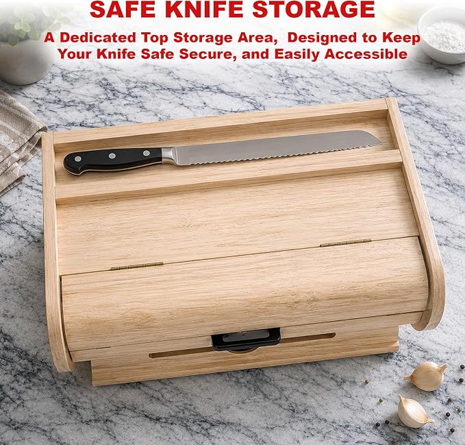 KNIFEPLANET Premium FULLY ASSEMBLED Bamboo Bread Box – Extra Large Real Wood Bread Box for Kitchen Countertop Storage, Thick Durable Construction, Double Layer Design (17.5" x 10" x 12")