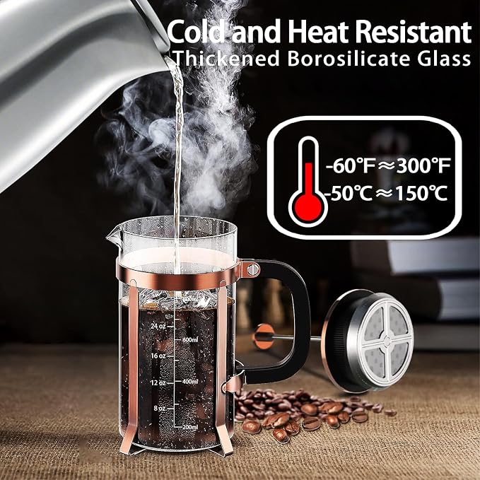 YMMIND French Press Coffee Maker 304 Stainless Steel Coffee Press,with 4 Filters System, Heat Resistant Thickness Borosilicate French Press Glass, BPA-Free Brewed Tea Pot Coffee Plunger(Copper 12oz)