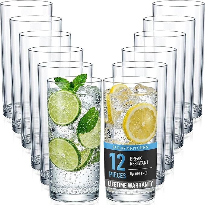 Zulay Kitchen Plastic Drinking Glasses (Set of 12) – 16oz Acrylic Shatterproof Water Cups for Home, Kitchen & Outdoors – Crystal Clear Glass Look – BPA & Lead-Free – Top-Rack Dishwasher Safe