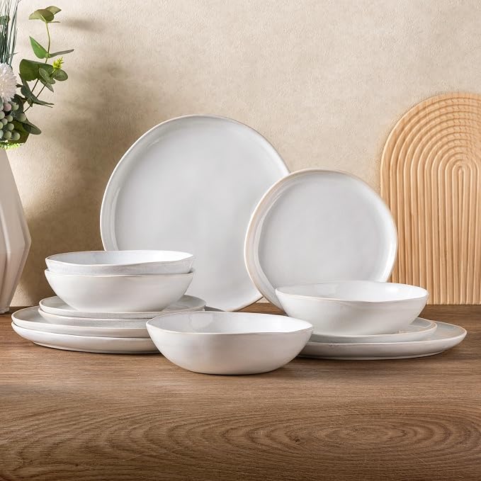 AmorArc Ceramic Dinnerware Sets for 4, 12Pcs Plates and Bowls Sets Dishes | Stoneware Handmade Reactive Glaze Dinner Set, Highly Scratch Resistant | Dishwasher & Microwave Safe Dishware