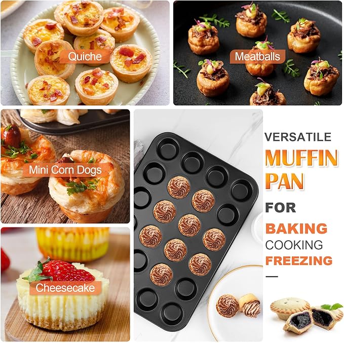 E-far Mini Muffin Pan, 24-Cup Nonstick Carbon Steel Cupcake Pan for Baking | Muffin Tin for Mini Muffins & Cupcakes, Warp-Free for Even Baking & Easy Release, Oven Safe