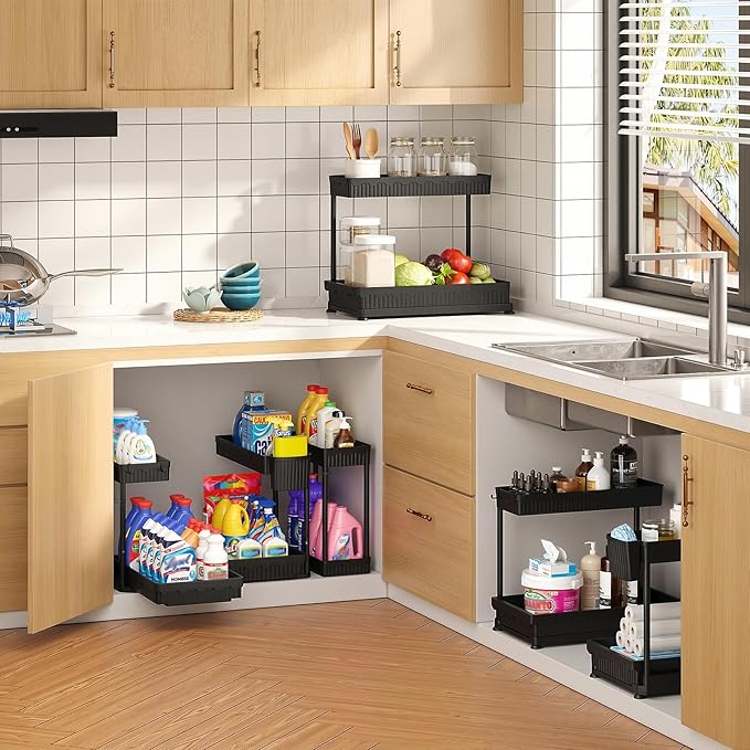 3-Pack 2-Tier L-Shaped Under Sink Organizers with Sliding Drawers | Multi-use kitchen & bathroom storage, 12.85 inch black cabinet organizer, space-saving sliding drawer design.