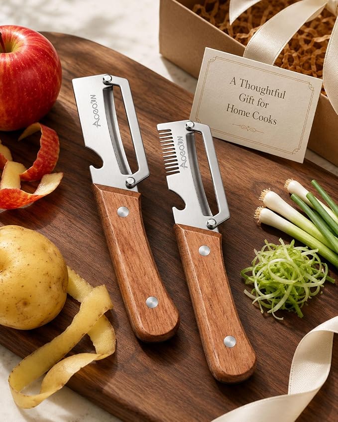2 Pack Multifunctional Vegetable Peeler With Wooden Handle and Bottle Opener, 3-in-1 Stainless Steel Potato Peeler for Kitchen, 2026 Upgraded Ergonomic Hand Held Peeler Knife for Fruit & Vegetables