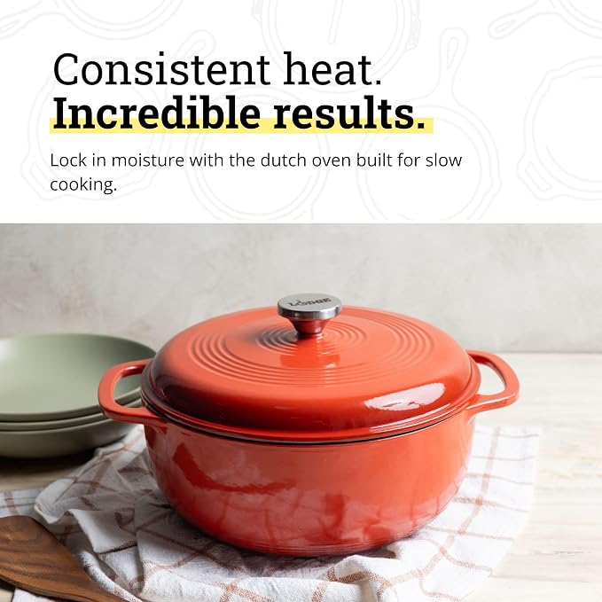Lodge Essential Enamel Cast Iron Dutch Oven 6 Quarts - Perfect for Bread Baking, Braising, Marinating & Slow Cooking, Features Moisture-Sealing Lid & Dual Handles, Kitchen Essentials, Poppy