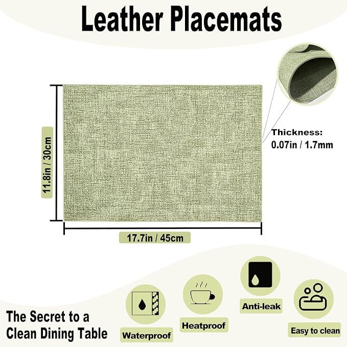Faux Leather Placemats Set of 4, 11.8"x17.7", Grass Green | Reversible Table Mats, Waterproof, Stain & Heat Resistant, Easy Clean for Dining, Gatherings, Outdoor