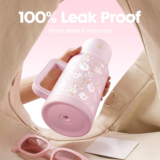 Meoky UV Color-Changing Tumbler: 40 oz Tumbler with Handle and Straw- Stainless Steel Insulated Tumbler for Car Cup Holders - Adults Women (1 Pack, Rose Manor)