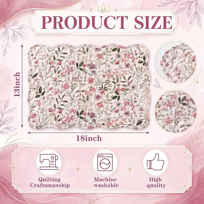 Quilted Placemats Set of 6, 18" x 13" Large Scalloped Cotton Placemat Washable Cloth Flowers Table Mats for Summer Party Kitchen Dining Farmhouse Cottagecore Decor(Flowers)