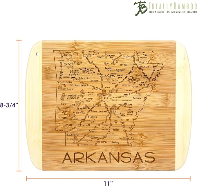 Totally Bamboo A Slice of Life Arkansas Engraved Map Cutting Board | 11” x 8.75” charcuterie board with engraved state map artwork. Smooth reverse side for food prep. Hang tie for wall display.