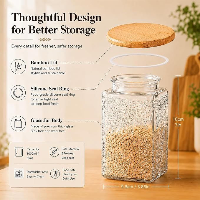 Glass Storage Jars With Airtight Lid, 35oz Canister For Kitchen Counter with Bamboo Lid, brown sugar, candy, coffee, cookie, salt, tea,pantry cute Jar (Large Square Sunflower)