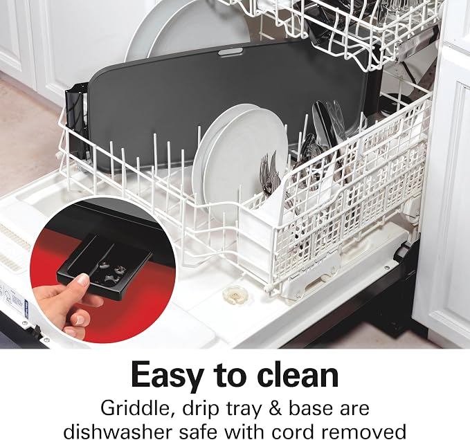 Hamilton Beach 200 Sq. In. Electric Griddle With Adjustable Temperature | 200 to 400 degrees | PTFE & PFOA Free Durathon Ceramic Reversible Nonstick Surface | Removable Drip Tray | Black | 38522