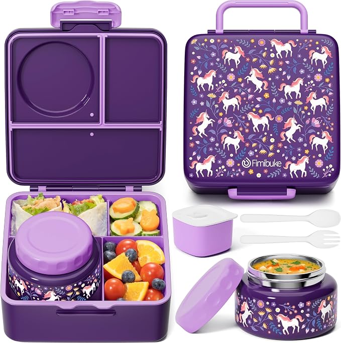 Fimibuke Bento Box for Kids Adults, BPA Free Toddler Lunch Box with Thermo | w/ 8.5oz Insulated Food Jar Utensils & Sauce Jar, Leakproof Dishwasher Safe 3 or 4 Compartment Container for School Girl Boys