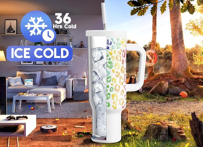 Meoky 50 oz Tumbler with Handle, Tumbler with Lid and Straw, Insulated Stainless Steel Travel Mug, 100% Leak-proof, Keeps Cold for 36 Hours or Hot for 12 Hours (Kiss)