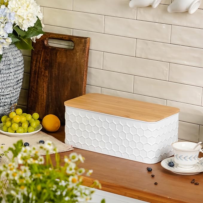 Large White Honeycomb Embossed Bread Box with Bamboo Lid | Corner Breadbox for Homemade Bread, Metal Bread Storage Container Bin for Kitchen Countertop