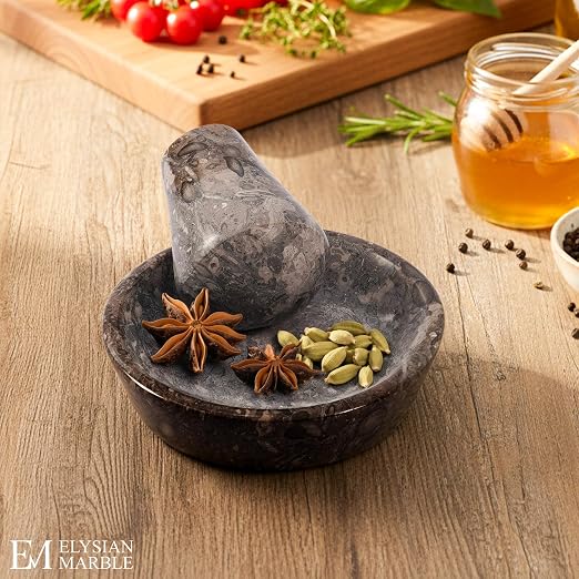 Mortar and Pestle Set, Oceanic Marble 5.5 Inch Wide Shallow Mortar with Pestle, Manual Spice Grinder for Herbs, Garlic, Ginger, Pesto, Guacamole, Salsa and Fresh Seasoning