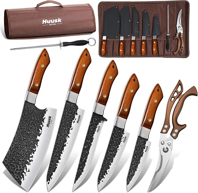 Huusk 7 PCS Butcher Knife Set for Meat Cutting with Roll Bag, Gifts for Men | Japanese Chef Knife Set with Sharpening Rod and Poultry Shears, Hand Forged Cooking Knives for BBQ Camping Kitchen