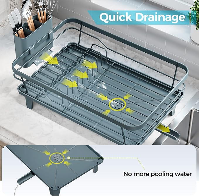 Urakify Dish Drying Rack for Kitchen Counter, 16.5" L x 12.2" W, Blue | Large Dish Drainer with Cutlery Holder, Sink Dish Rack with Drainboard for plate dish silverware, Space Saving