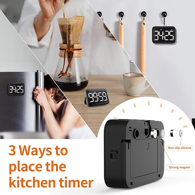 Magnetic Kitchen Timer for Cooking with Count Up Countdown, Digital Timer Battery Powered with Large Display, 2 Brightness and Volume Levels for Classroom, Teacher, Kids (Dark Black)