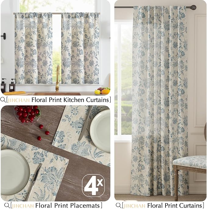 JINCHAN Sliva Linen Floral Placemats Set of 4 Farmhouse 13x19 Inch Blue | Fabric Placemats, Cottage Style, Painterly Floral Pattern, Machine Washable, Easy to Store, Reusable
