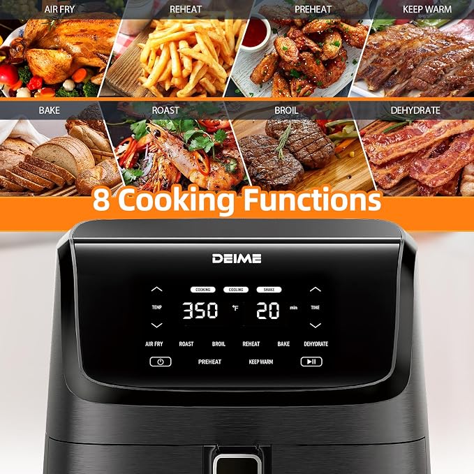 DEIME Air Fryer 7.2 QT 1700W Oilless Oven Healthy Cooker Air Fryers Large Capacity with 8 Presets, LCD Touch Screen, Customerizable Cooking, Non-Stick Basket (Black)