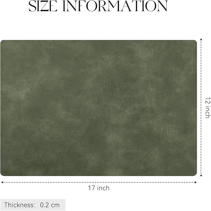 MOSAYT Vinyl Placemats Set of 4-12 X 17 Inch - Faux Leather 100% Waterproof Oil-Proof Wipeable PU Place Mats, Heat Resistant Reversible Table Mats for Kitchen, Dining, Outdoor, Olive Green