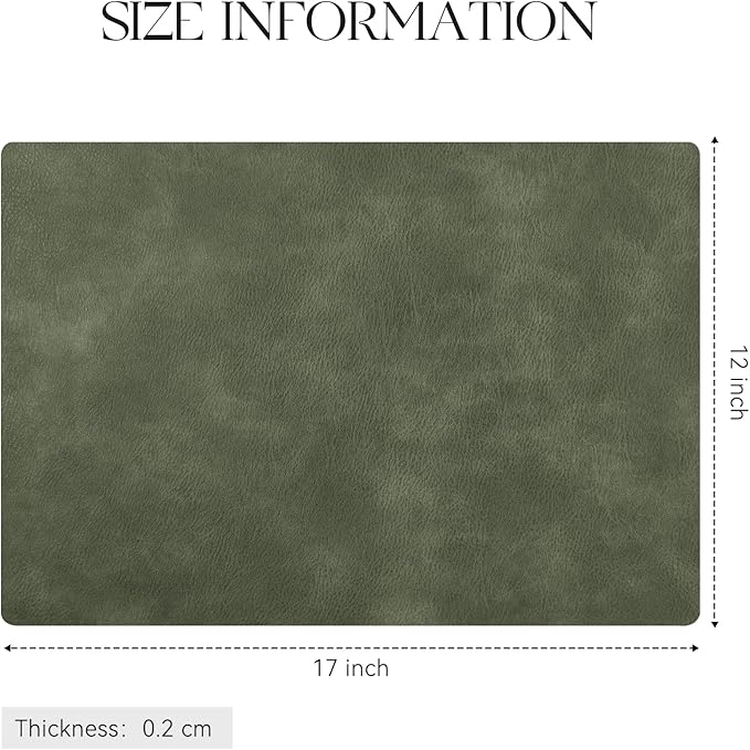 MOSAYT Vinyl Placemats Set of 8-12 X 17 Inch - Faux Leather 100% Waterproof Oil-Proof Wipeable PU Place Mats, Heat Resistant Reversible Table Mats for Kitchen, Dining, Outdoor, Olive Green