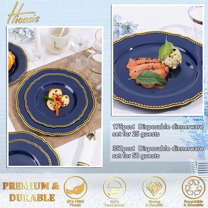175 Pcs Blue Gold Plastic Plates Wedding & Party | Gold Plastic Dinnerware Set Includes 25 Dinner Plates, 25 Dessert Dinnerware, 25 Cups, 25 Napkins Perfect