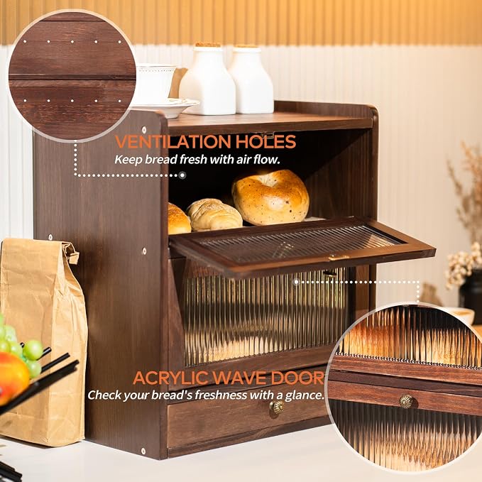 Wood Bread Box for Kitchen Countertop with Cutlery Drawer, Walnut | Solid Pine Wood, 2-Tier Large Capacity, Included 50 Deli Papers, Vintage Farmhouse Breadbox, Wooden Bread Storage Container