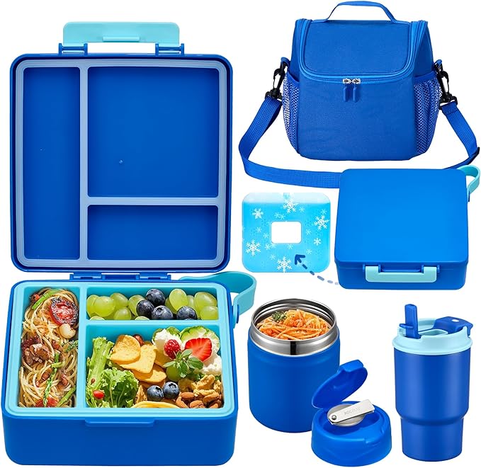 Bento Lunch Box for Kids with 17oz Soup Thermo,Insulated Tumbler Water Bottle and Insulated Lunch Bag,Leak-Proof 3 Compartment Lunch Food Container with Ice Pack for Kids to School-Blue