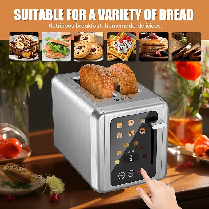 WHALL 2 Slice Toaster, Smart Full Touch Screen, Extra Wide Slots, Silver | Stainless Steel, 6 Shade Settings, Reheat/Defrost/Mute/Standby/Cancel, Bread Bagel Gluten-Free Waffle Pastry, Digital Timer
