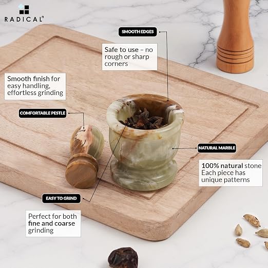 Radicaln Marble Mortar and Pestle Set Small Spice Grinder & Herb Grinder | Handmade Green Onyx Marble, 2.5 Inches, Garlic Crusher, Pill Crusher, Kitchen Counter Decor, Gift Ready