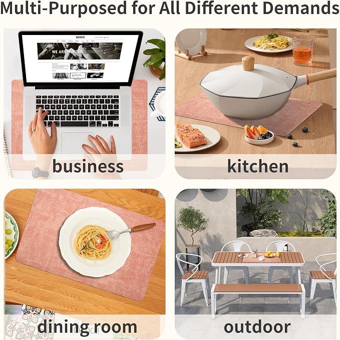 Maxpearl Faux Leather Placemats Set of 6, Easy to Clean, Peachy Pink | Waterproof - Heat Resistant - Non Slip - Wipe Clean Dining Table Place Mats, Suitable for Indoor & Outdoor Use, 17''×12''