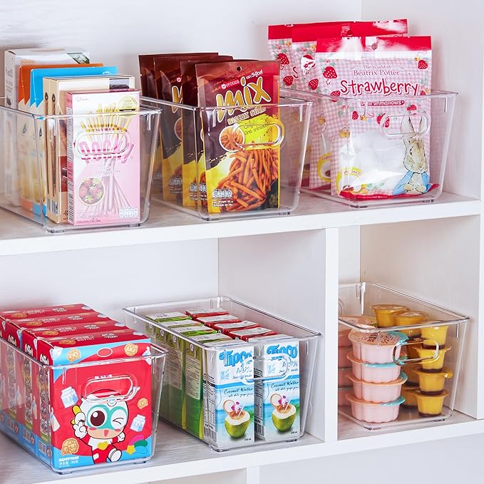 Vtopmart 2 Pack Clear Storage Bins, Pantry Cabinet Organizer Bins, Medium | Plastic Pantry Storage Bins with Handle, Storage Containers for Fridge, Cabinet, Kitchen, Countertops, Cupboard, Freezer
