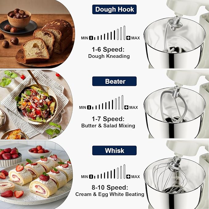 Camic Stand Mixer, 4.2QT+5.3QT Two bowls Electric Food Mixer, 10 Speeds with Digital setting 3-IN-1 Kitchen Mixer for Baking Cakes Cookie Bread Salad with Egg Whisk,Dough Hook,Flat Beater