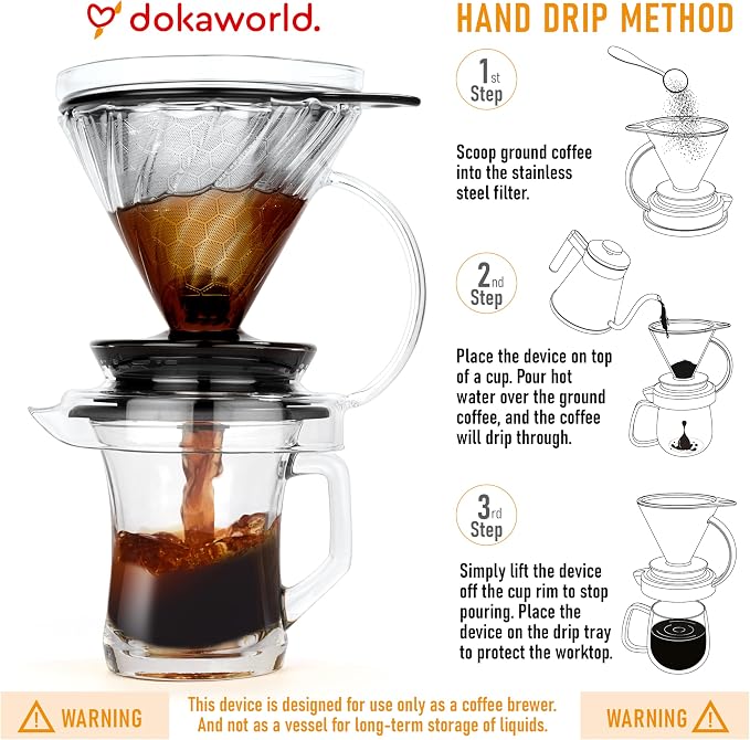 Innovation Infuser for Daily Brewing – Borosilicate Glass Dripper with Stainless Steel Reusable Filter, Manual Eco Brewer, Plastic-Free Non-Toxic Coffee Station, Pour Over Tea Coffee Maker