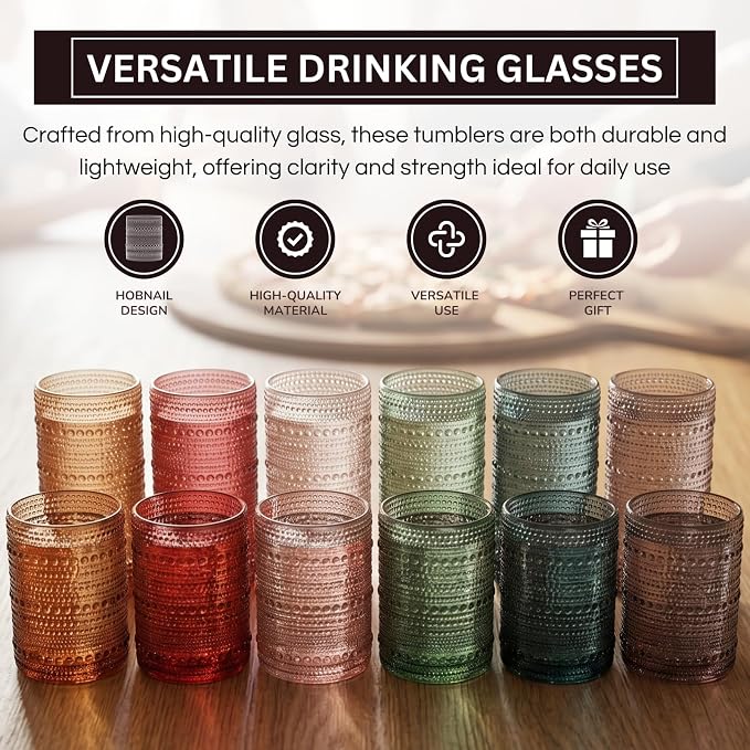 Hobnail Highball Glasses, Vintage Beaded Tumblers Set of 12, 14 & 11 oz | Vintage Beaded Design, Embossed Bubble Texture, Comfortable Grip, Ideal for Water, Whiskey, Cocktails, Wine & Mixed Drinks,