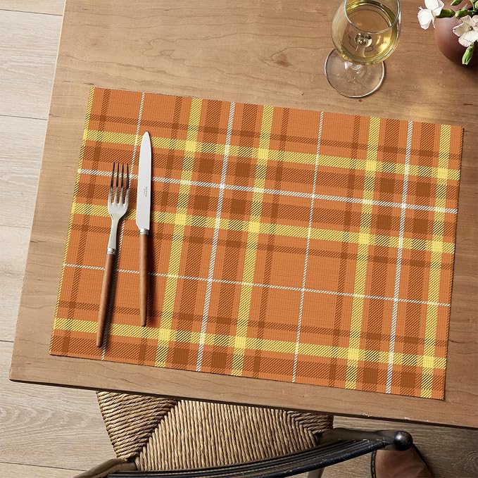 Artoid Mode Orange Striped Check Thanksgiving Vinyl Placemats Set of 4, Heat Resistant Non-Slip Woven Plastic PVC Place Mat for Party Kitchen Dining Decor
