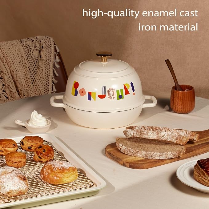 CAROTE Cast Iron Dutch Oven Pot with Lid, 5QT Round Bread Oven, Bonjour | Homemade Sourdough Bread Baking, Healthy & Non-Toxic, Dual Handles, All Stovetop Compatible, Oven Safe up to 500° F