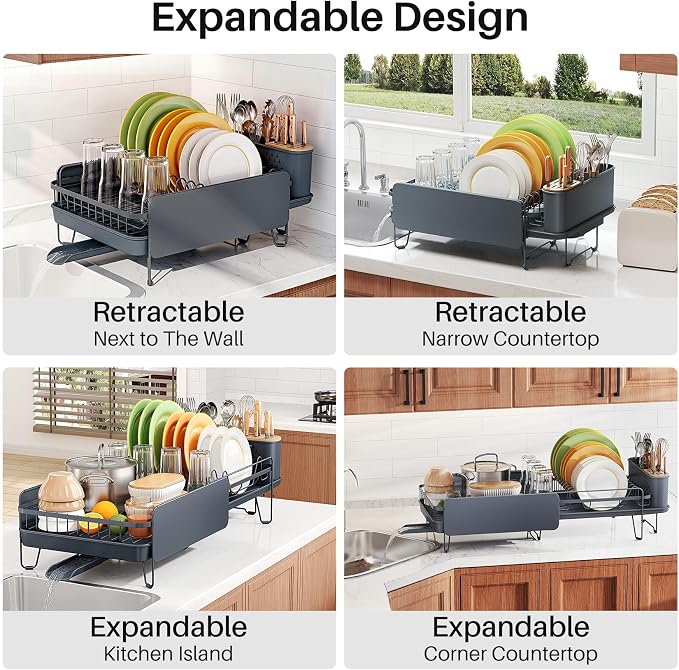 SNTD Large Dish Drying Rack for Kitchen Counter, Expandable, Grey | Stainless Steel Dish Drainer, Adjustable Length 18.9''-29.3'', Automatic Drainage, 360° Spout, Cutlery Holder with Knife Slot