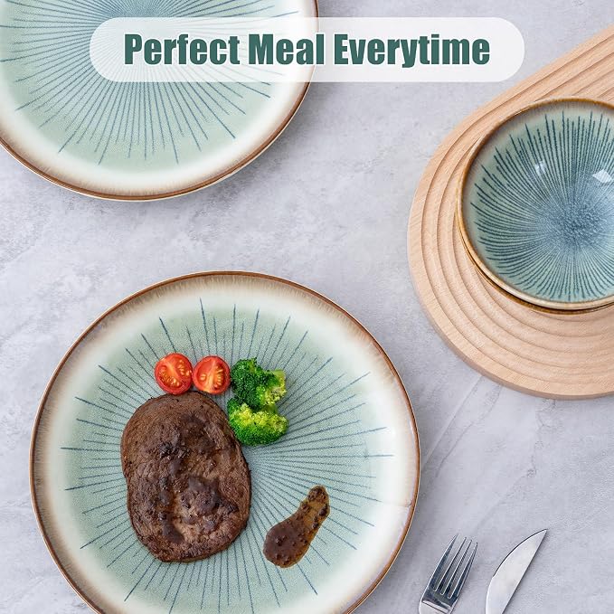 Dinnerware Set Green Stoneware 16 Pieces Service for 4, Stoneware Plates and Bowls Set Highly Chip Dishwasher Microwave Safe Dishes set