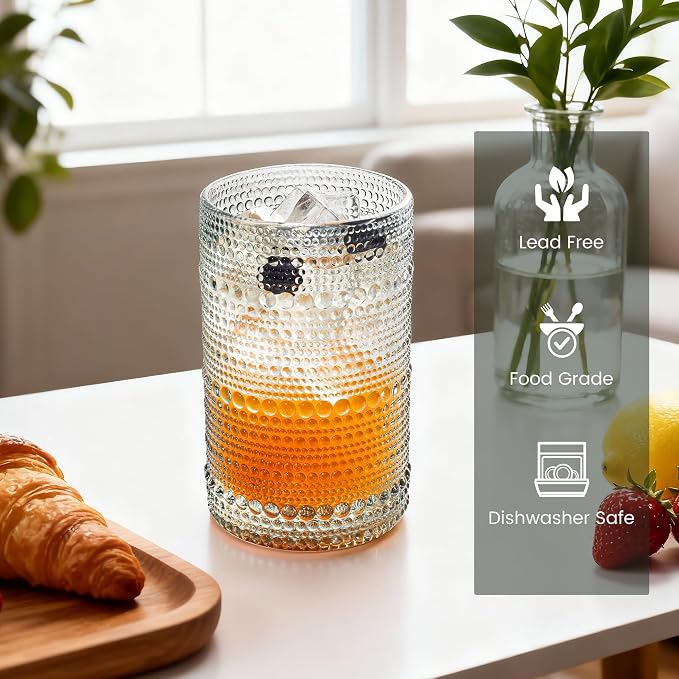 Bandesun Vintage Hobnail Drinking Glasses Set of 12, 13oz Colorful Beaded Bubble Glass Cups for Kitchen, Multiple color Embossed Water Tumbler for Whiskey,Cocktail, Beer, Wine, Water & Juice