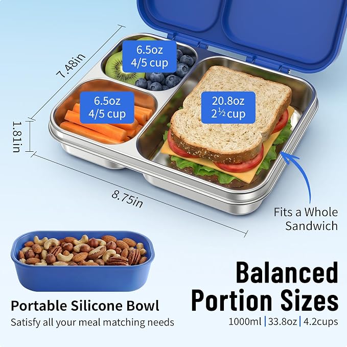 LOHASOK Stainless Steel Lunch Box, 34oz/1000ml, Blue | 3-Compartment, Metal Bento Container, Leak Proof, Plastic Lid, for Kids Adults, BPA/BPS Free, Dishwasher Safe
