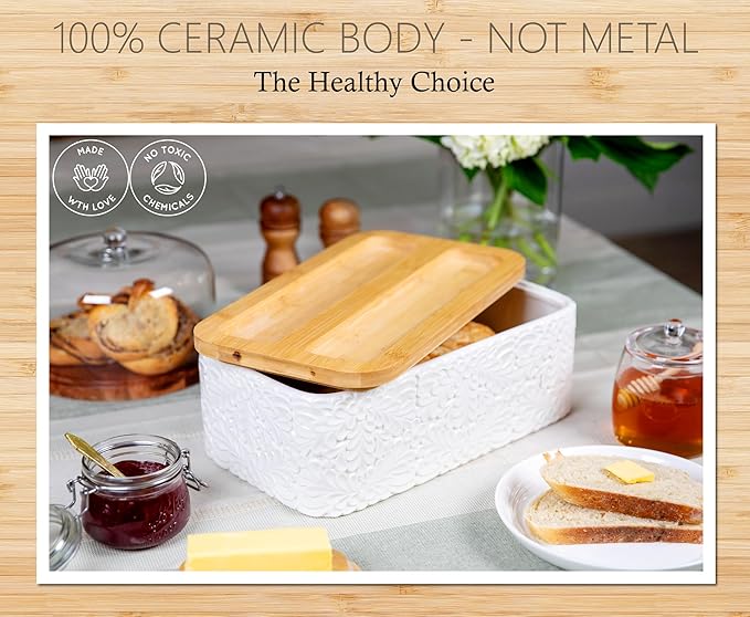 Engraved Ceramic Bread Box for Kitchen Countertop - Multipurpose Bread Storage Container with Thick Bamboo Cutting Board Lid - Elegant Bread Bin with Nature-Inspired Engraving - 13.8" x 7.9" x 5"