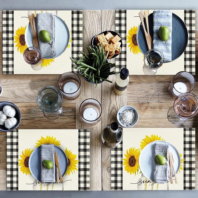 Sunflower Placemats Set of 6, 12x18 Inch Sunshine Vase Summer Spring Table Mats for Holiday Party Kitchen Dining Room Decoration