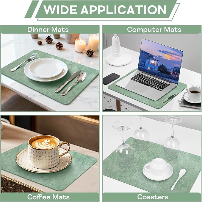 Faux Leather Placemats Set of 6 Heat Resistant Table Mats 17×12 Inch | Waterproof & Wipeable Place Mats Set of 6 Dual Sided Table Placemats for Kitchen Dining Indoor & Outdoor 43×30 CM Sage Green