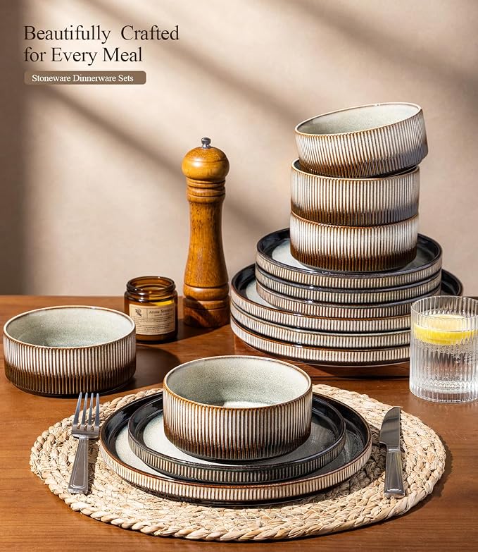 GBHOME Stoneware Dinnerware Sets for 4, 12-Piece Plates and Bowls Set | Handmade Reactive Glaze Ceramic Dish Set, Scratch Resistant, Dishwasher&Microwave Safe,Mocha & Sage