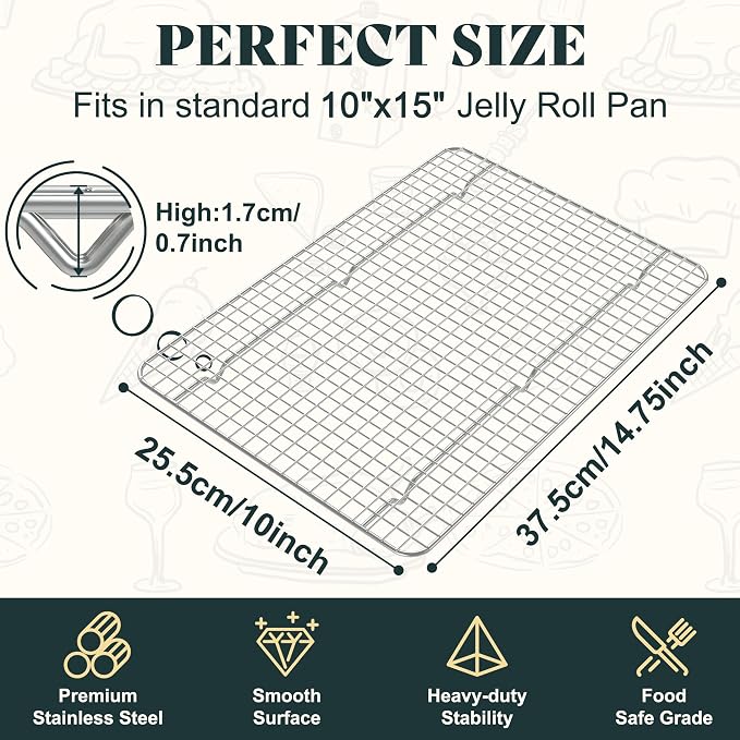 Cooling Racks for Cooking and Baking - 10"x14.75" Oven Safe Premium Stainless Steel Heavy Duty Baking Rack Tight-Wire, Fits Jelly Roll Pan for Roasting & Grilling & Cooking - 1 Pack